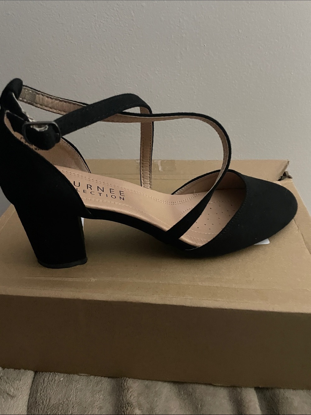 Journee Collection Black Suede Ankle Strap Block Heel